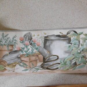 VTG Cottagecore Wallpaper Border‎ Flower Pots Bird Feeder Birds 15 Yards